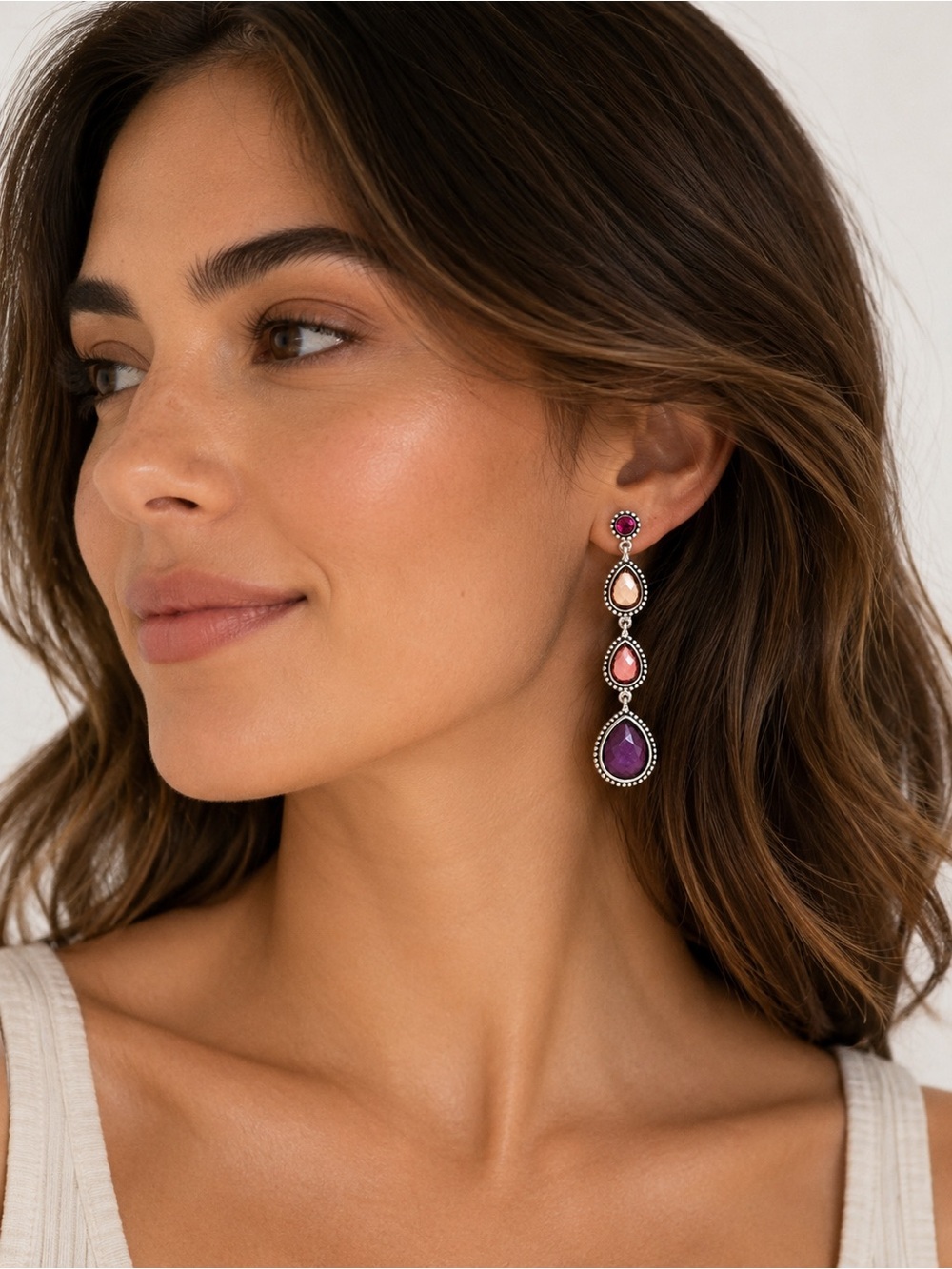 Boho Purple Pink Teardrop Statement Drop Earrings Silver Tone Boutique Chic NWT - Picture 4 of 5
